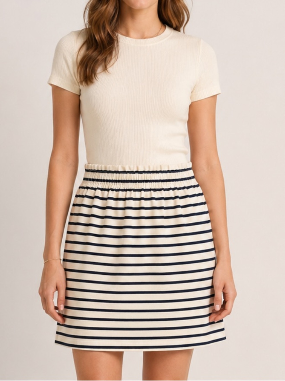 J Crew Women’s Dark Navy and Ivory Striped Scrunch Waist Pull On Linen Skirt SZ4